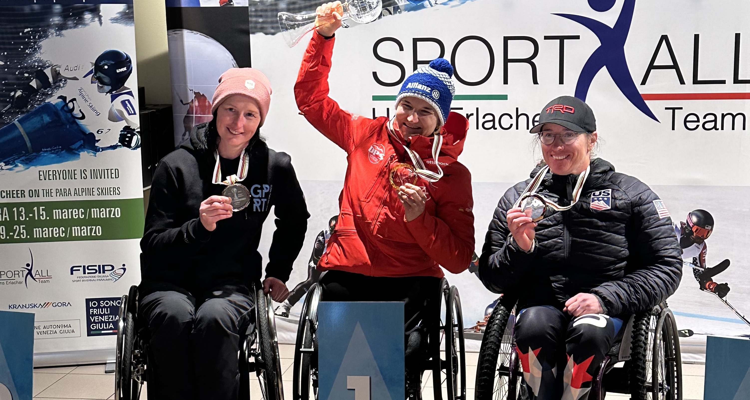 Laurie Stephens smiles on the overall season giant slalom standings podium, finishing third. (U.S Ski & Snowboard). 