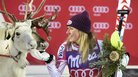 Mikaela Shiffrin poses with her reindeer Sven, won in 2016. 