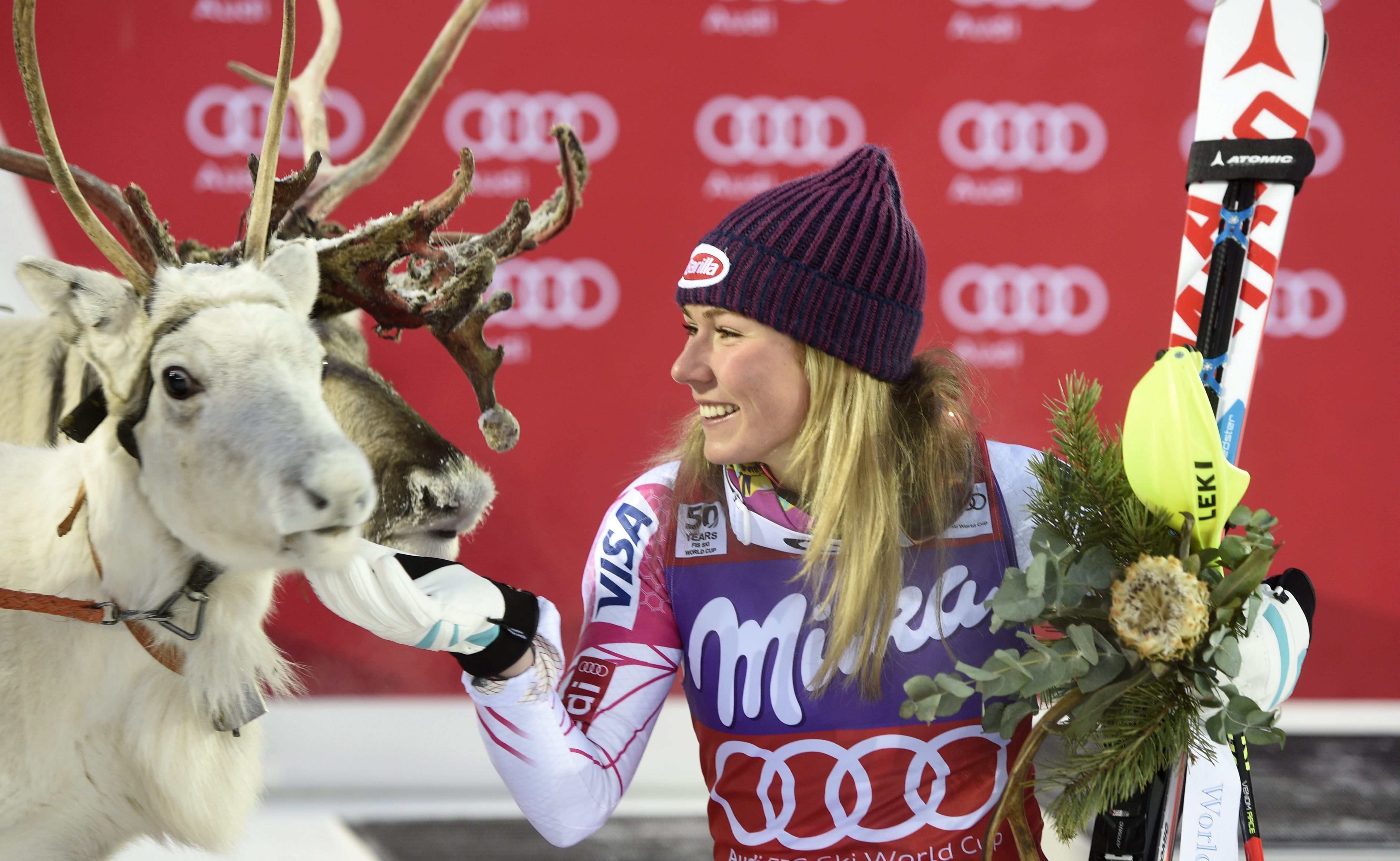 Mikaela Shiffrin poses with her reindeer Sven, won in 2016. 