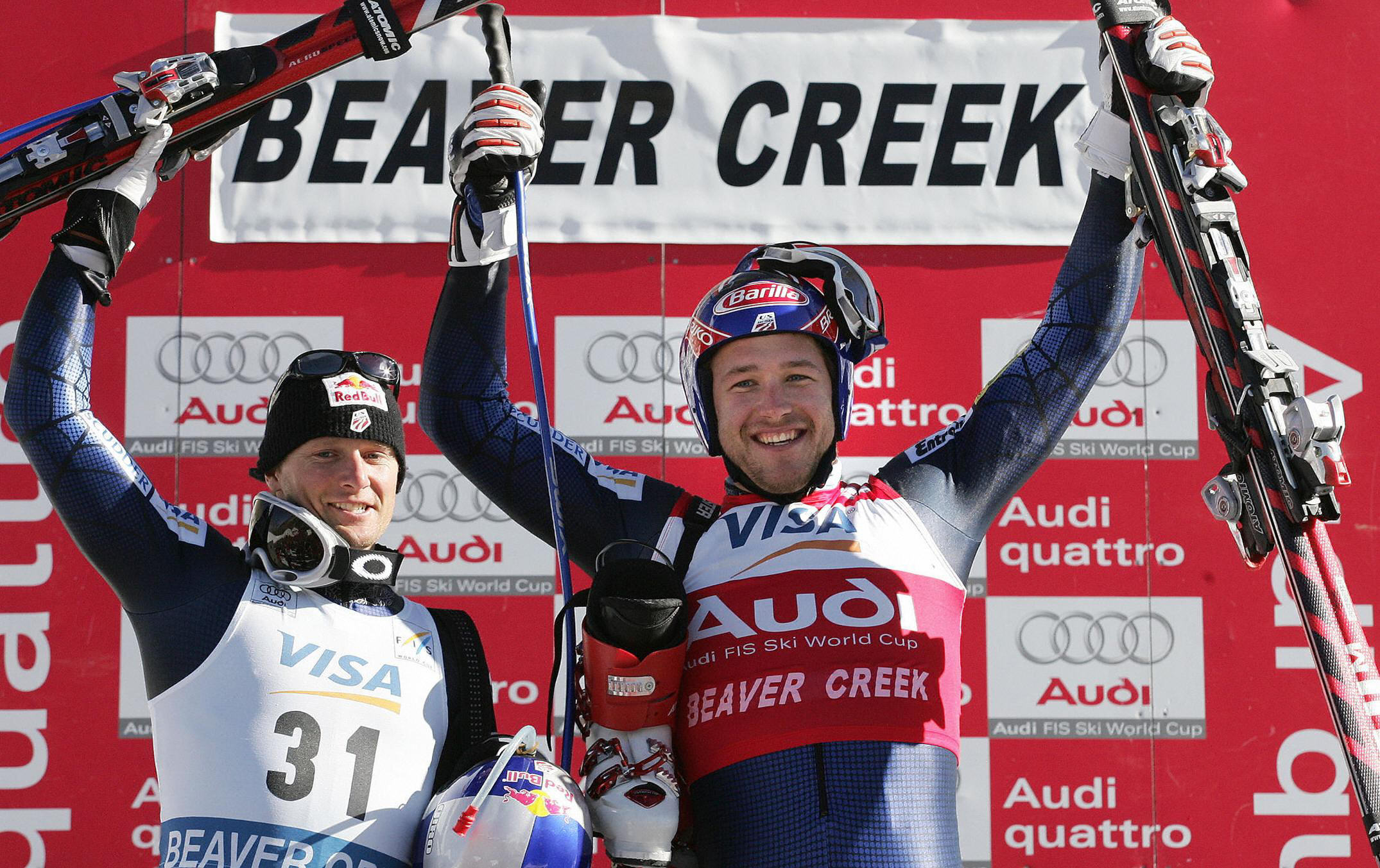 Bode Miller and Daron Rahlves celebrate their 1-2 finish in 2004 on Birds of Prey.
