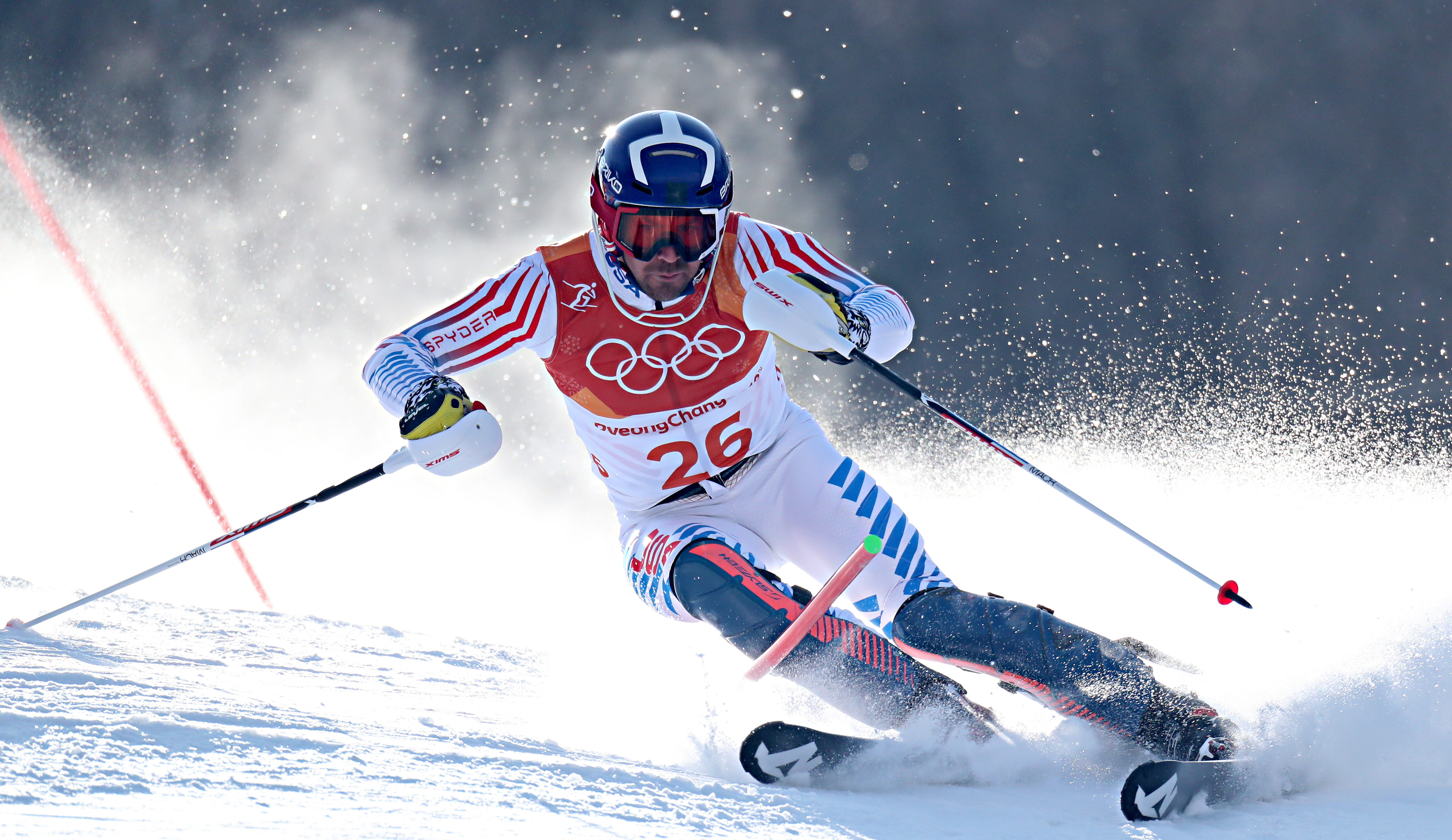 David Chodounsky finished 18th in the slalom Thursday at the 2018 Olympic Winter Games. (Getty Images/AFP – Fabrice Coffrini)