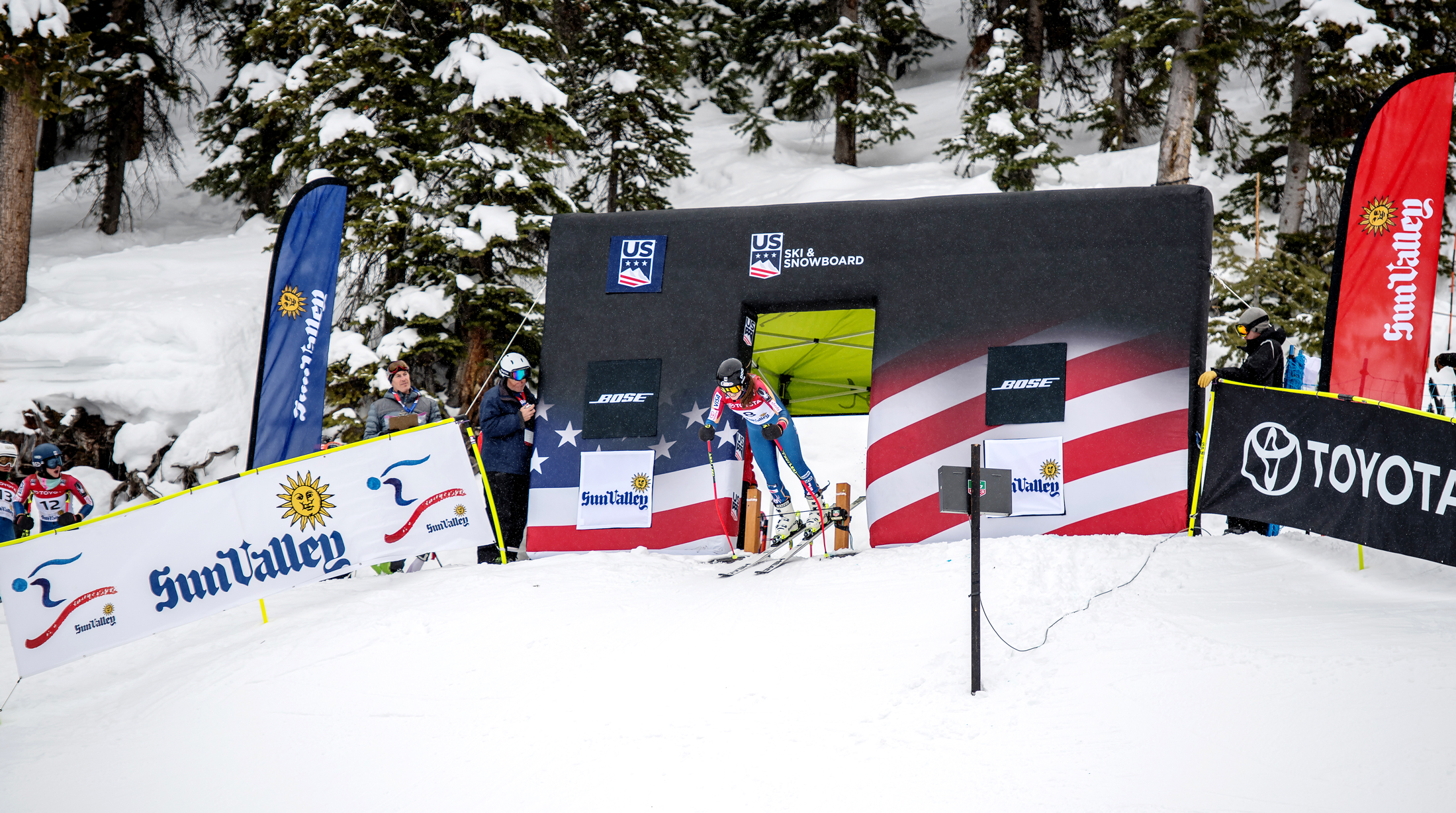 A.J. Hurt kicks out of the start of the first-run super-G at the Toyota U.S. Alpine Championships in Sun Valley, Idaho. (Nils Ribi Photography)