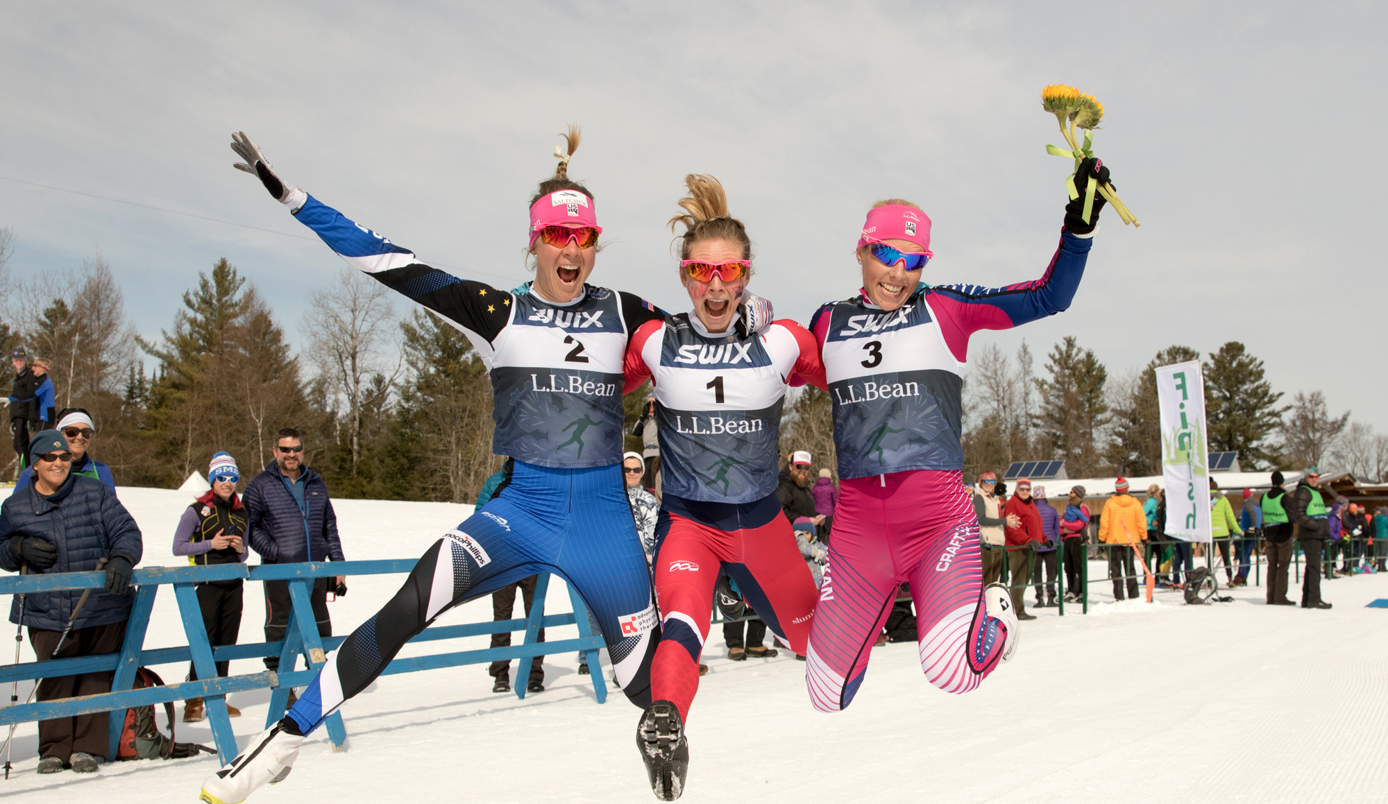 Sadie Bjornsen, Jessie Diggins, and Kikkan Randall celebrate following the women's 30k classic at the L.L.Bean U.S. Cross Country Championship Tuesday. (U.S. Ski & Snowboard - Reese Brown)