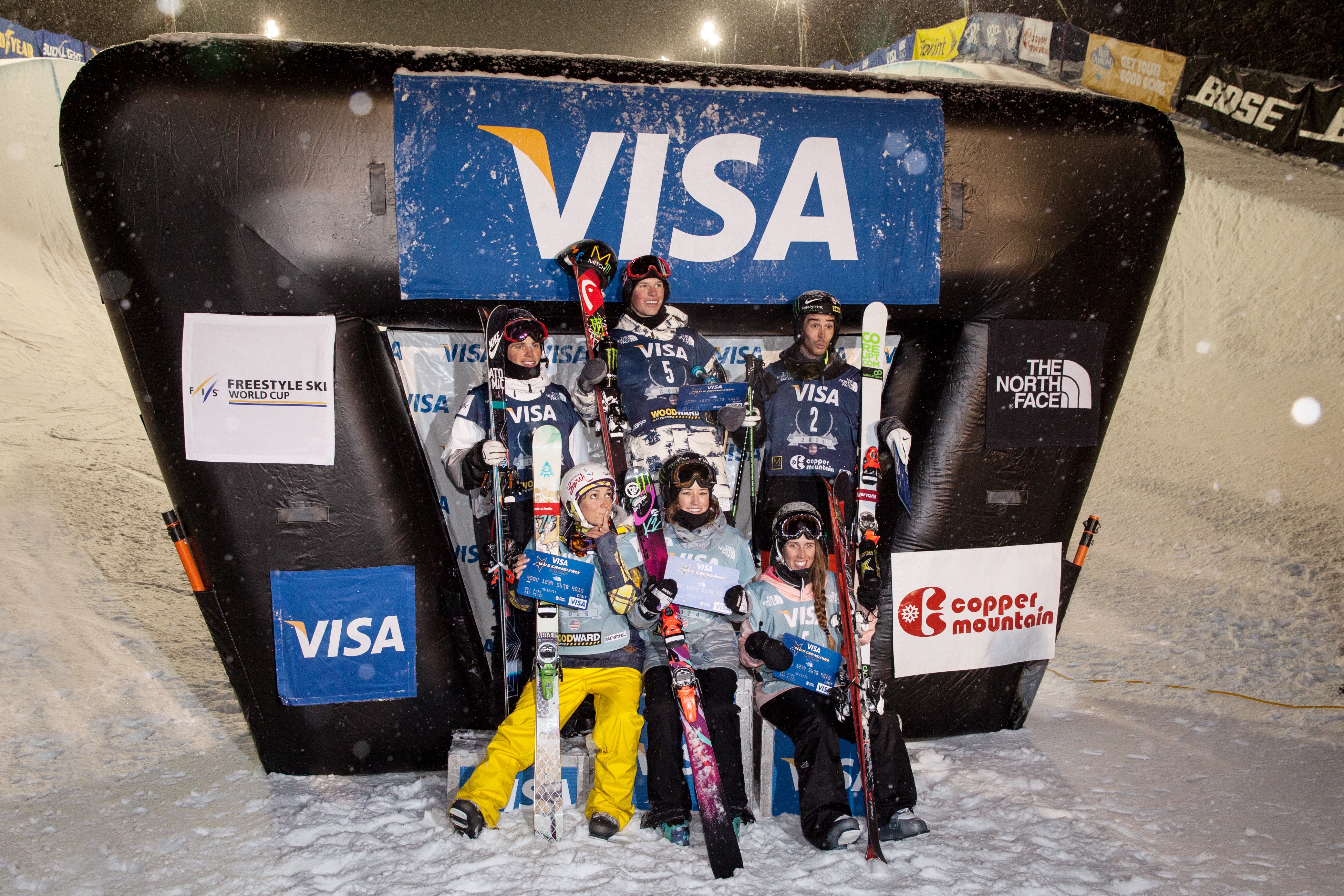 Gus Kenworthy, Aaron Blunck, Kevin Rolland, Marie Martinod, Brita Sigourney and Maddie Bowman at the 2013 U.S. Grand Prix at Copper Mountain, Colorado (U.S. Ski & Snowboard)