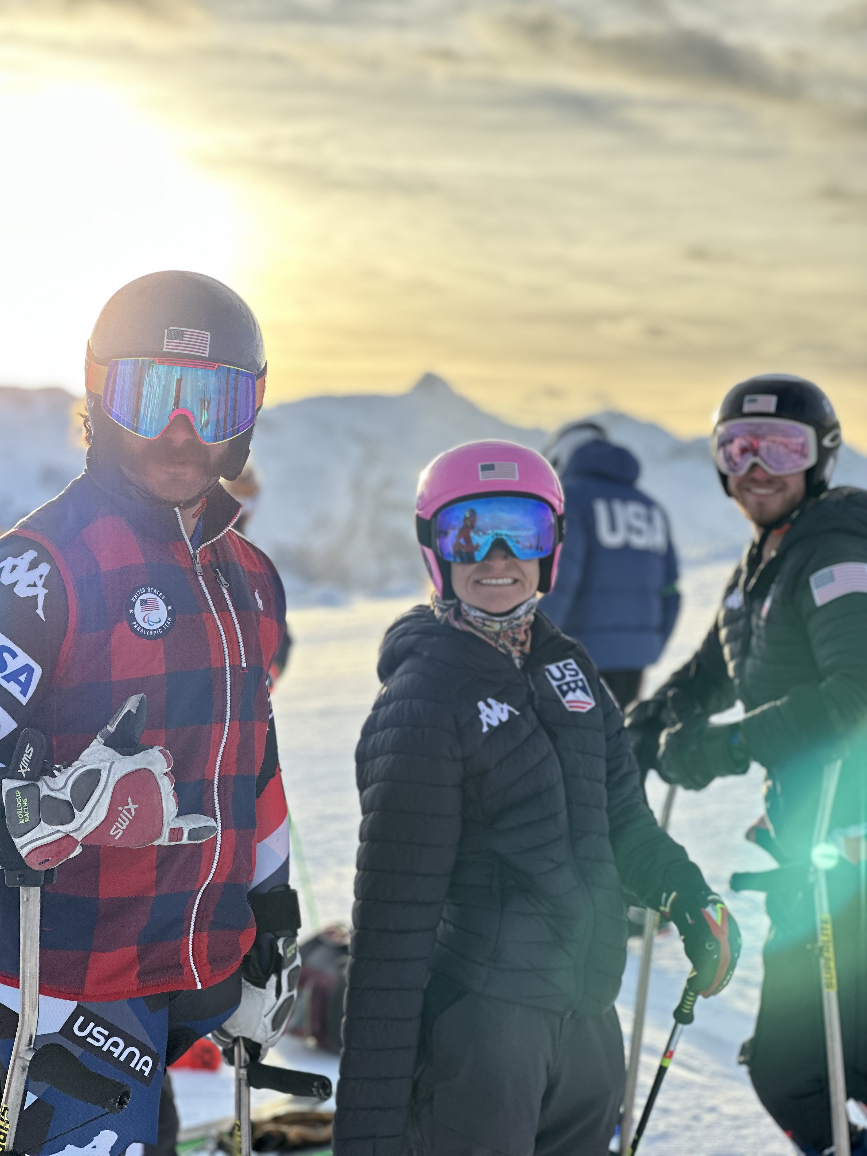 Patrick Halgren, Allie Johnson and Andrew Haraghey prior to the giant slalom event in Steinach am Brenner, Austria