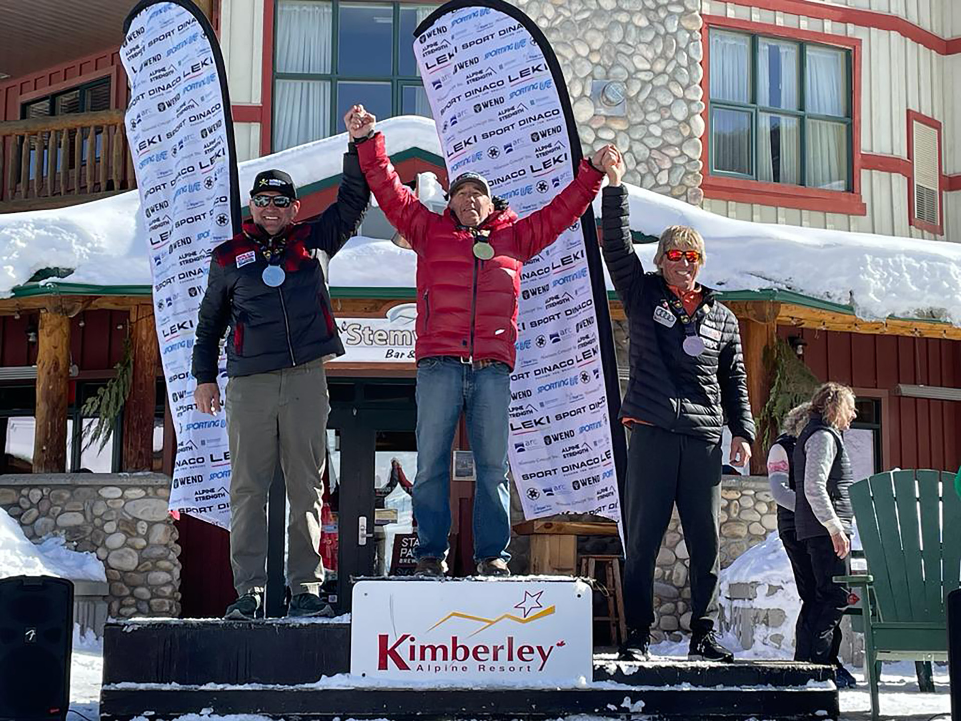 Richard Slabinski (1st) and Chris Maxwell (2nd) podium in 60-64yr Men's age classin the GS at the 2024 FIS World Criterium Masters Event at Kimberley Alpine Resort