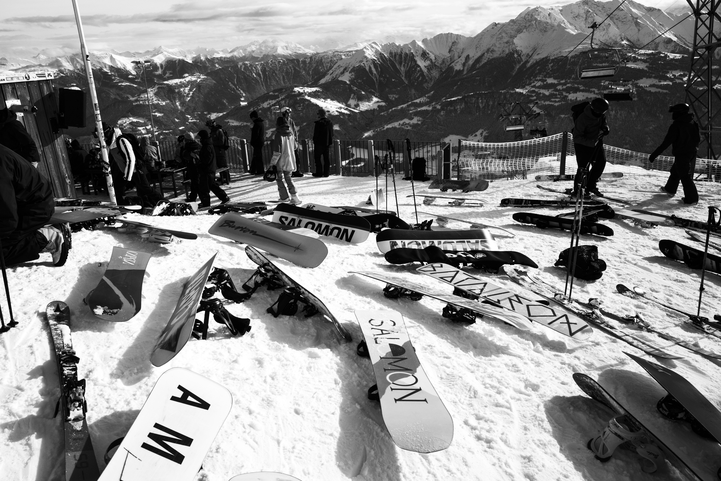 Athlete's snowboards in Laax.