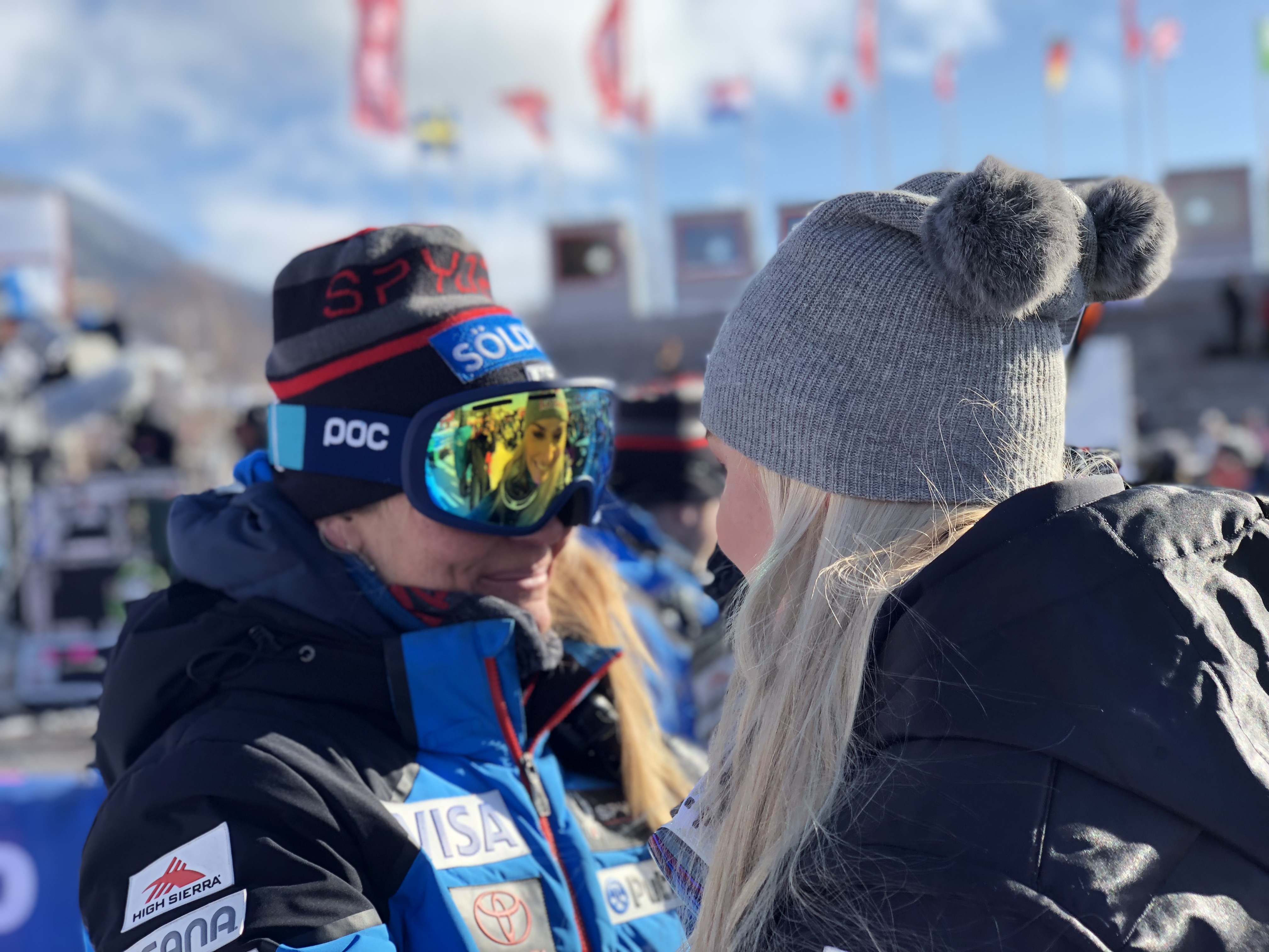 Karin Harjo chats with Lindsey Vonn after Vonn's 82nd career win in Are, Sweden. 