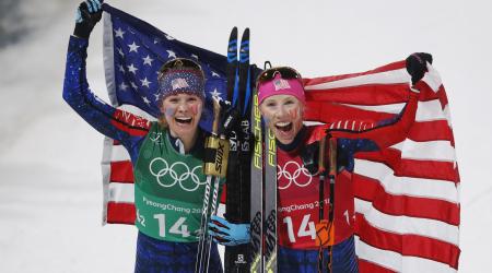 Kikkan Randall and Diggins Jessica celebrate winning gold during the women's Cross Country team sprint at Alpensia Cross-Country Centre Wednesday. (Getty Images - Nils Petter Nilsson)