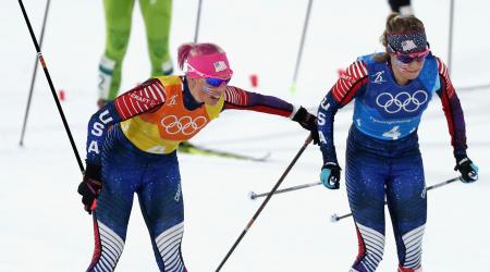 Kikkan Randall tags Jessica Diggins for the final leg of the women’s 4x5k relay at Alpensia Cross-Country Centre. (Getty Images - Lars Baron)
