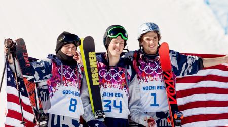 Gus Kenworthy, Joss Christensen and Nick Goepper on the podium in Sochi, Russia. 