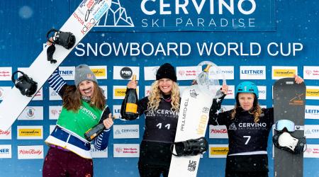 Women's podium in Cervinia with Lindsey Jacobellis on top. 