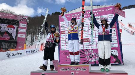France's Perrine Laffont finished in first, Jaelin Kauf came in second and Australia's Jakara Anthony came in third at the dual moguls World Cup event in Tazawako, Japan on February 24.