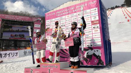Canada's Mikael Kingsbury and Philippe Marquis came in first and second, and Bradley Wilson came in third at the FIS Tazawako Moguls World Cup event on February 23.
