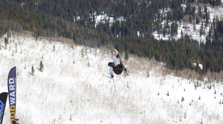 Emerson Lawton airborne at Copper Mountain for the 2019 USASA Nationals slopestyle open class competition. (Chad Buchholz - USASA)