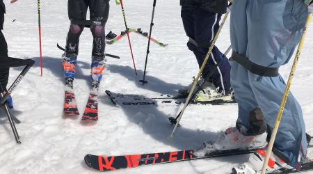 Alpine skiers do a moguls drill