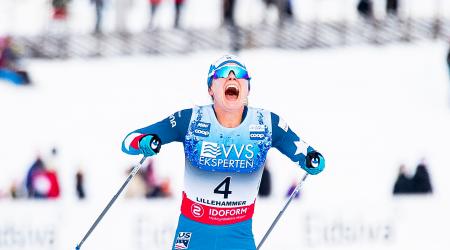 Jessie Diggins finished second in the 15k skiathlon Saturday in Lillehammer, Norway. (www.nordicfocus.com. © Modica/NordicFocus.)