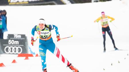 Julia Kern scored her first career World Cup podium, finishing third, at the FIS Cross-Country World Cup Planica, Slovenia, on December 21, 2019. (Getty Image/Nordic Focus - Federico Modica)