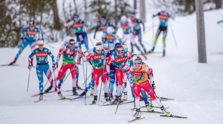 Norway's Therese Johaug paces the lead group containing American's Jessie Diggins, Rosie Brennan, and Sadie Maubet Bjornsen during Thursday's 34k Stage 4 of Ski Tour 2020. (www.nordicfocus.com. © Thibaut/NordicFocu)