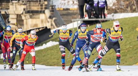Jessie Diggins leads the pack during Sunday's FIS Cross Country World Cup team sprint in Dresden, Germany. (Modica/NordicFocus)
