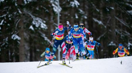 Sadie Maubet Bjornsen pushed the pace throughout Sunday's team sprint. (Thibaut/NordicFocus)