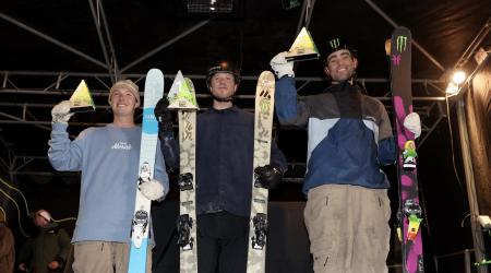 Colby, Tucker, and Alex stand on podium at the Dew Tour