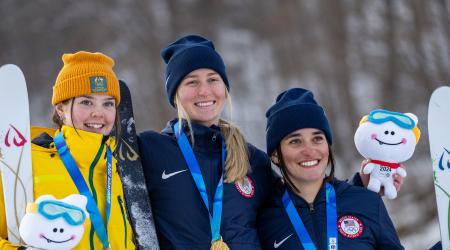 Gold medalist Elizabeth Lemley USA, silver medalist Lottie Lodge AUS and bronze medallist Abby Mclarnon USA celebrate during the Medal Ceremony of the Freestyle Skiing Women’s Dual Moguls. The Winter Youth Olympic Games, Gangwon, South Korea. (OIS/Thomas Lovelock)