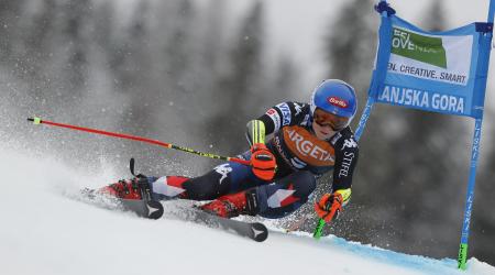 Mikaela Shiffrin skis in the first run of the Kranjska Gora giant slalom.