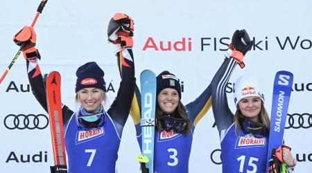 Mikaela Shiffrin stands on the podium with Sweden's Sara Hector and New Zealand's Alice Robinson.