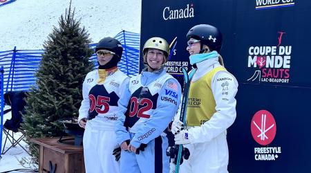 Winter Vinecki smiles after winning the aerials World Cup in Lac-Beauport