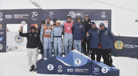 The Stifel U.S. Freestyle Ski Team aerials athletes on the podium after winning the 2023-24 Nations Cup