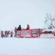 A Racer's Edge Banner at Top of Course 2023 Masters Nationals at Mt. Bachelor