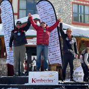 Richard Slabinski (1st) and Chris Maxwell (2nd) podium in 60-64yr Men's age classin the GS at the 2024 FIS World Criterium Masters Event at Kimberley Alpine Resort